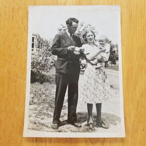Vintage 5x7 B&W Photo Couple With Baby Standing In Front Yard Portrait Porch